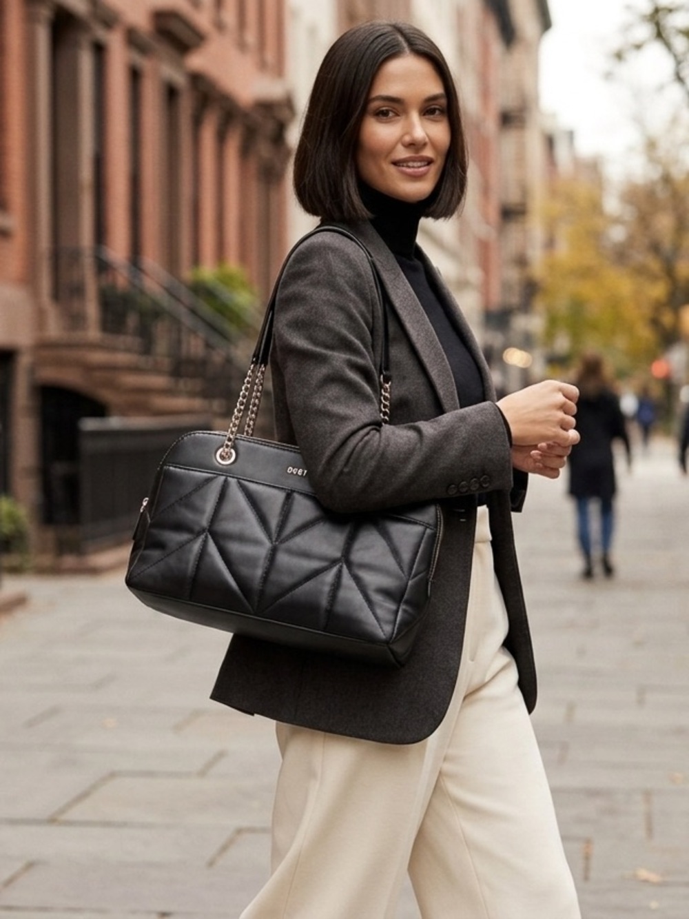 DKNY Black Quilted Leather Shoulder Bag with Gold Chain Straps